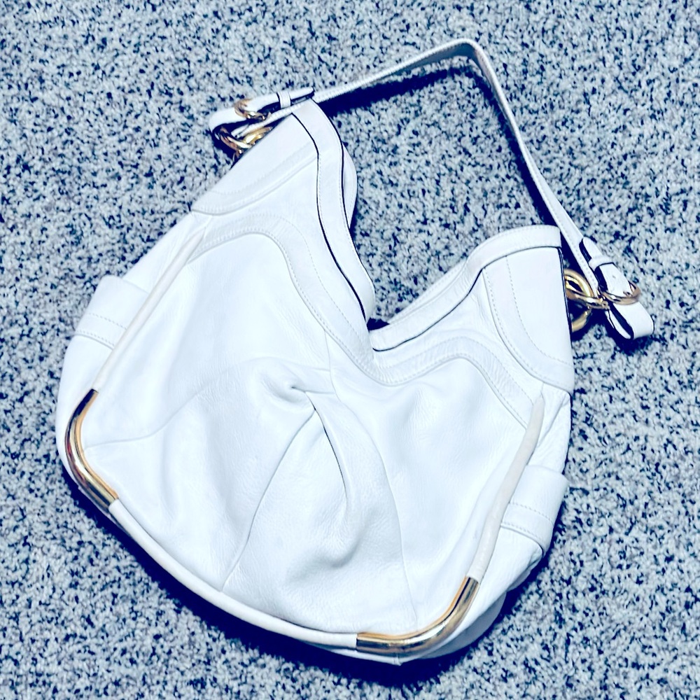 b. makowsky Hobo Leather Shoulder Bag White & Gold Hardware Adjustable - EUC - Picture 1 of 15